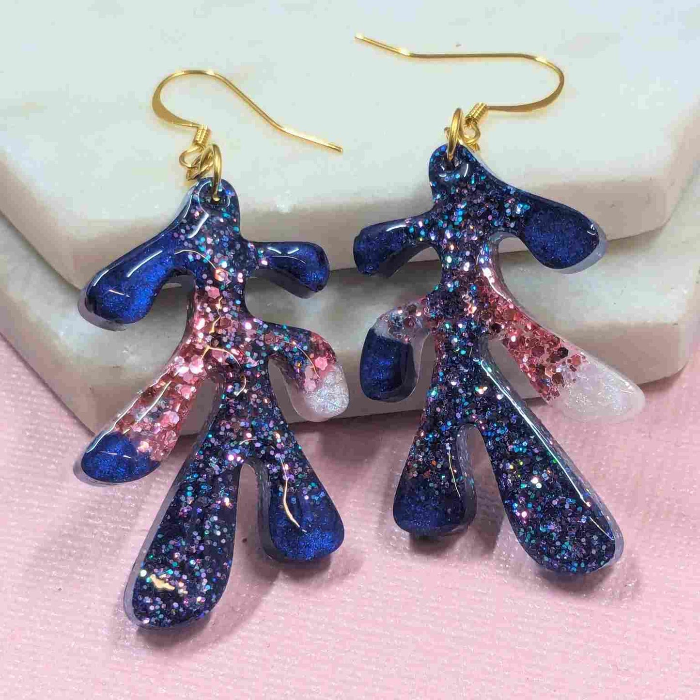 Dakota Blue Glitter Leaf Dangle Earrings - Handmade Organic Jewellery UK