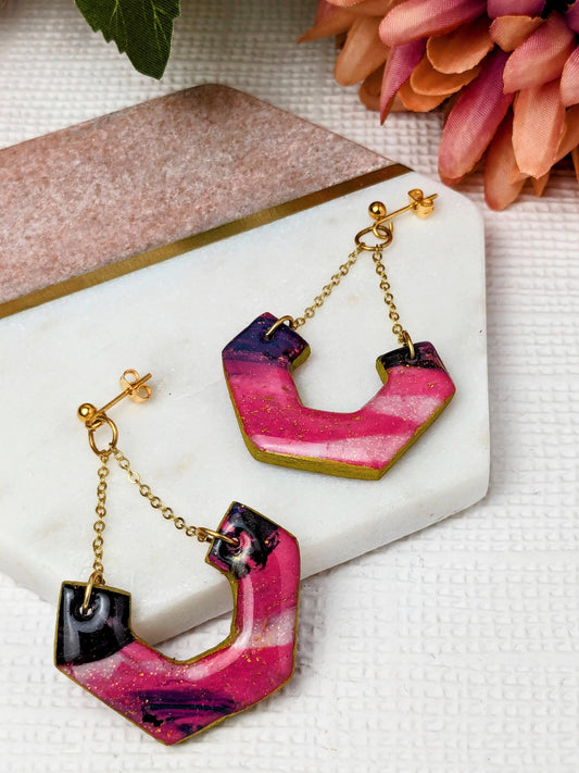 Polymer Clay Earrings Pink Blue Marble Mix Hex Cut Out Dangle
