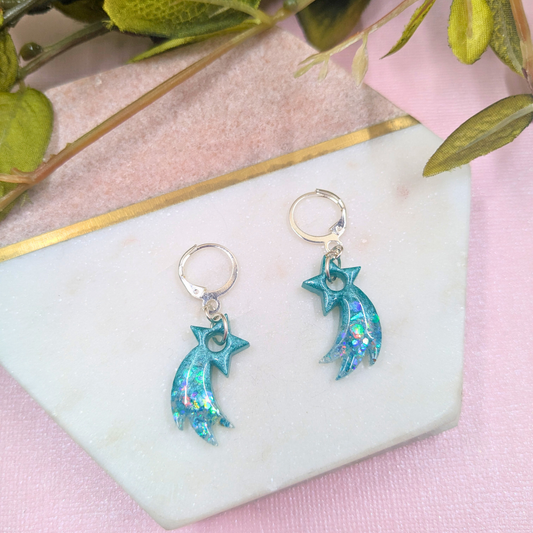 Estrella Aqua Glitter Shooting Star Sleeper Earrings - Handmade UK
