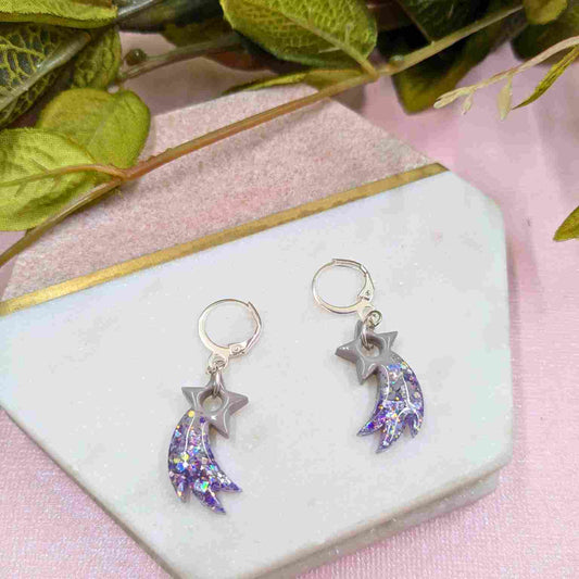 Estrella Grey Glitter Shooting Star Sleeper Earrings - Handmade UK