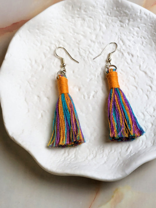 Mini Boho Tassel Earrings Coral, Purple & Aqua