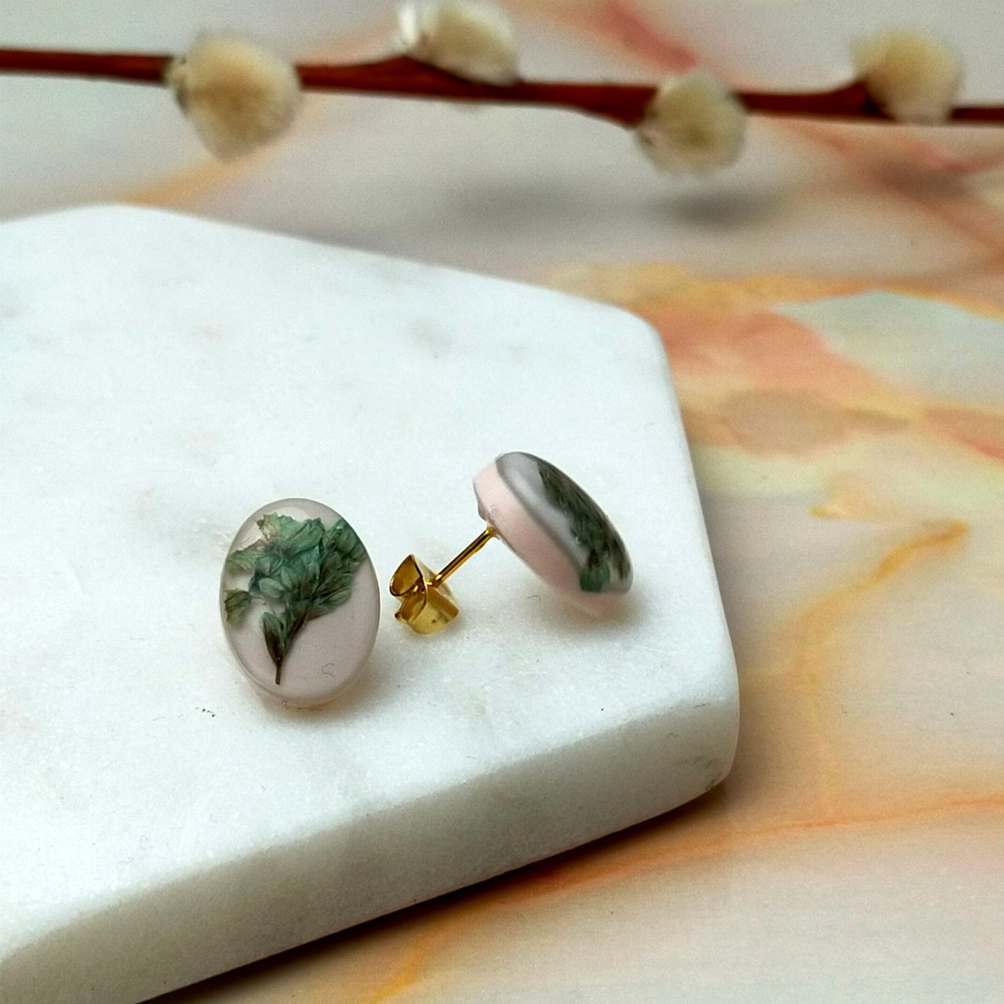 Georgina Real Blue Flower Oval Stud Earrings - Gold Plated Handmade UK