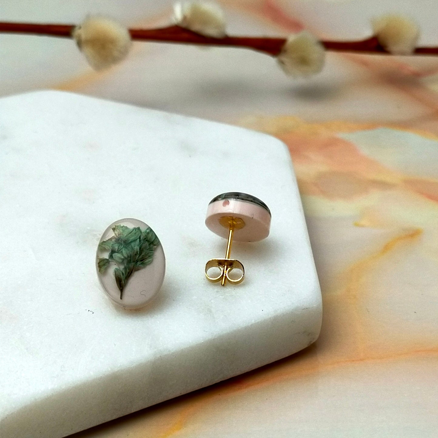 Georgina Real Blue Flower Oval Stud Earrings - Gold Plated Handmade UK