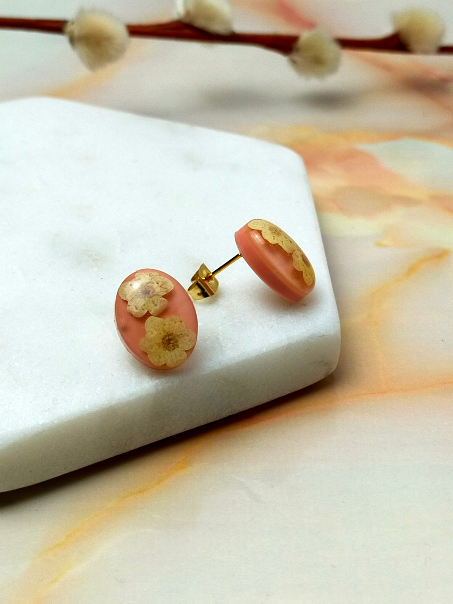 "Georgina" Real Cream Flower Oval Stud Earrings