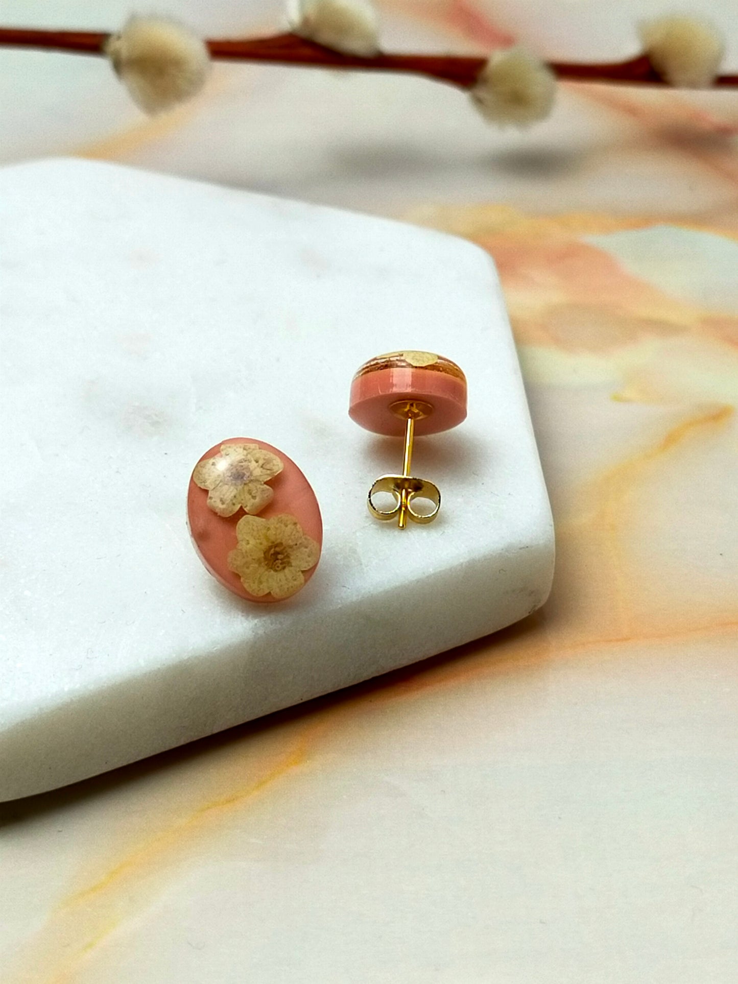 "Georgina" Real Cream Flower Oval Stud Earrings