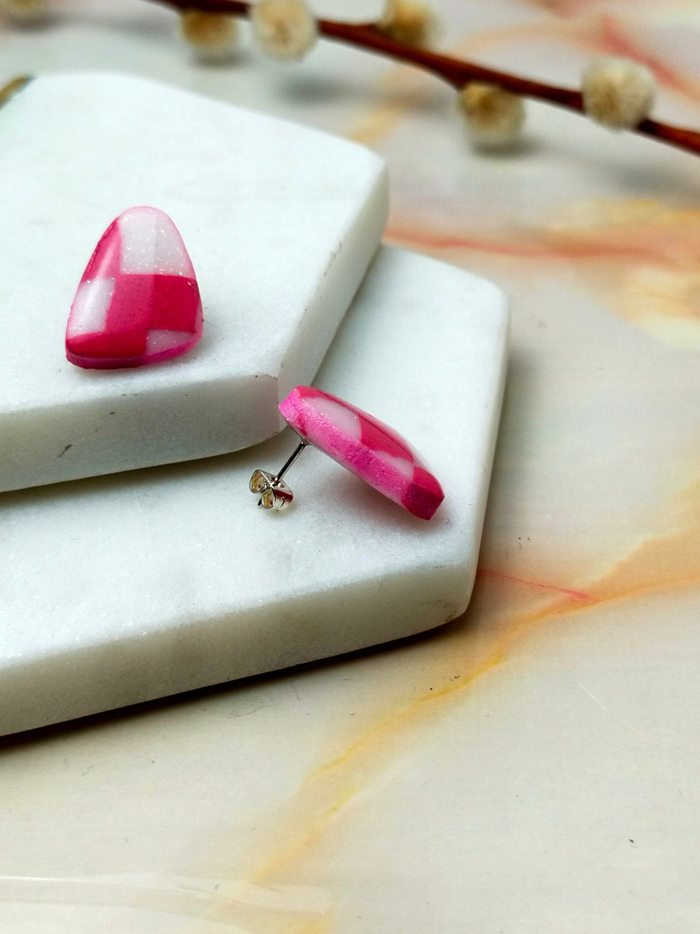 "Helena" Pink & White Checkerboard Abstract Stud Earrings
