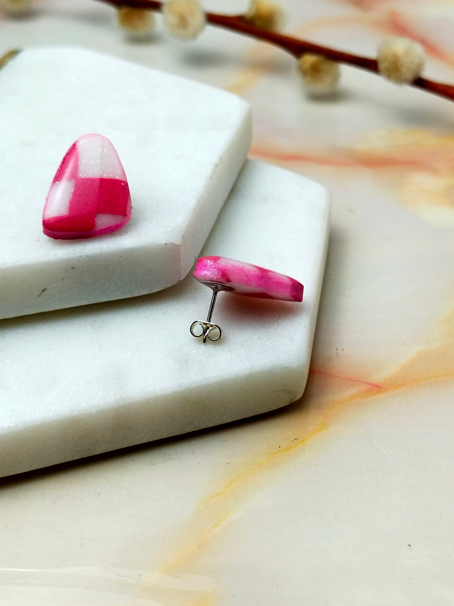 "Helena" Pink & White Checkerboard Abstract Stud Earrings