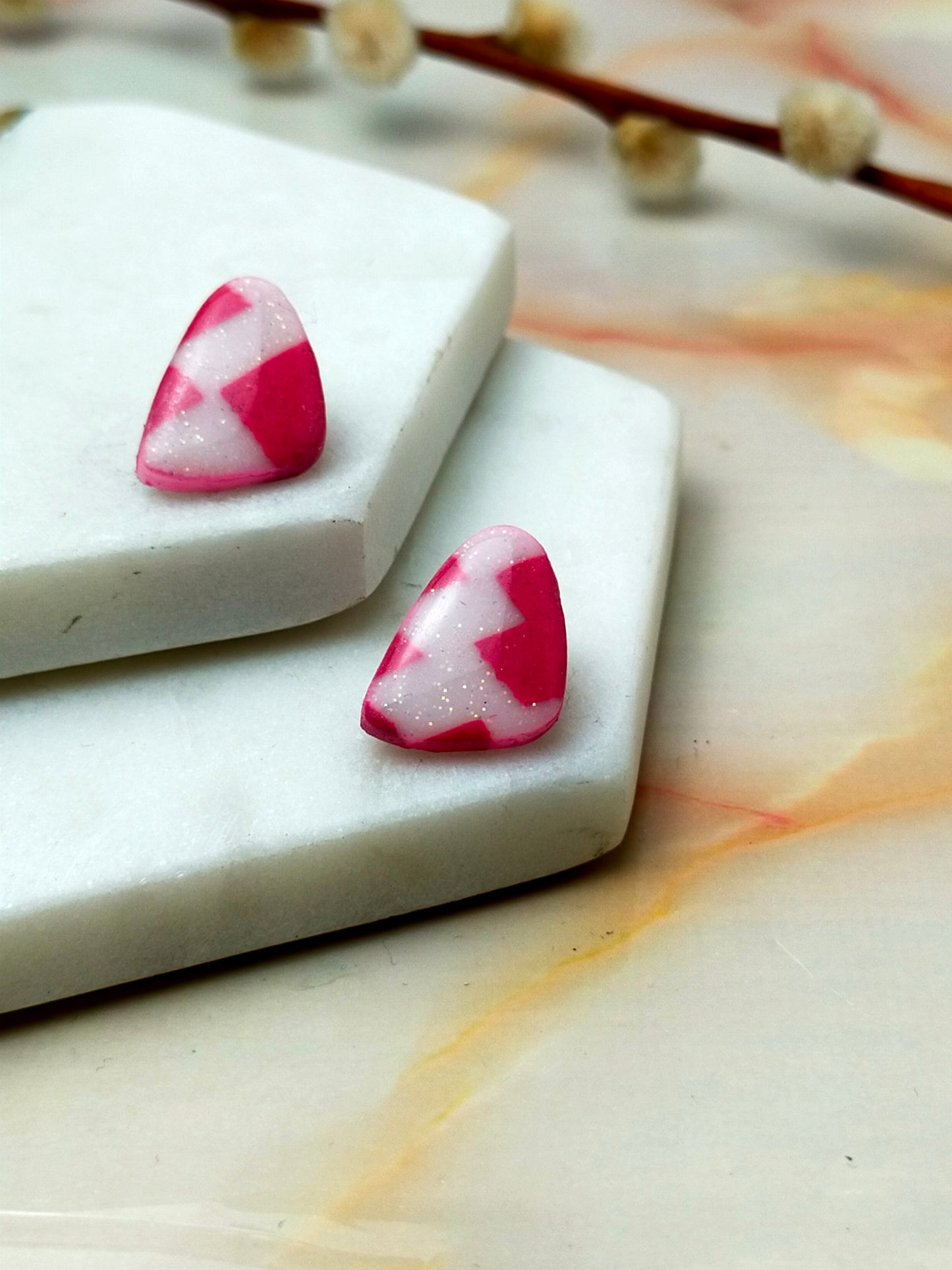"Helena" Pink & White Checkerboard Abstract Stud Earrings