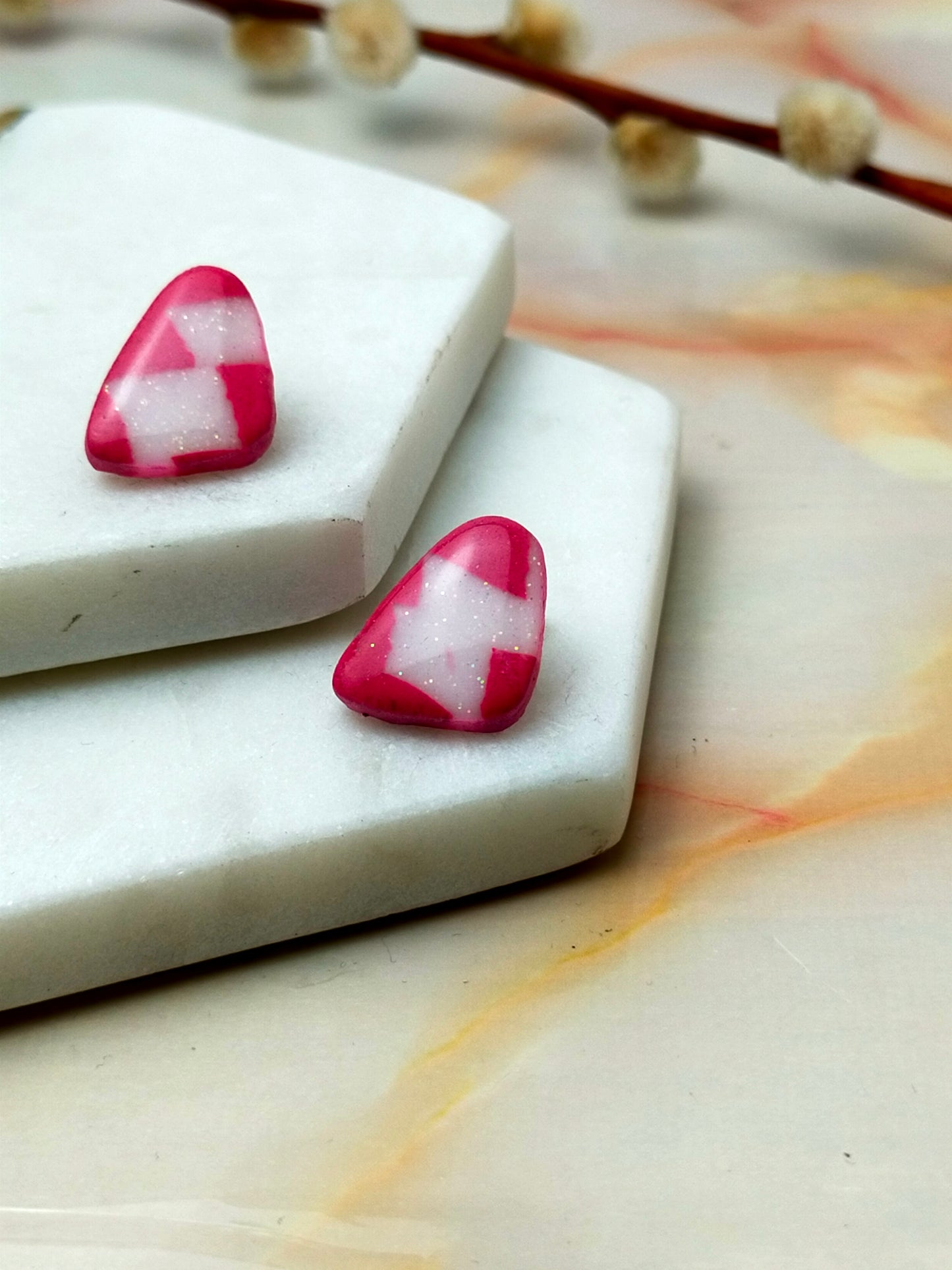 "Helena" Pink & White Checkerboard Abstract Stud Earrings