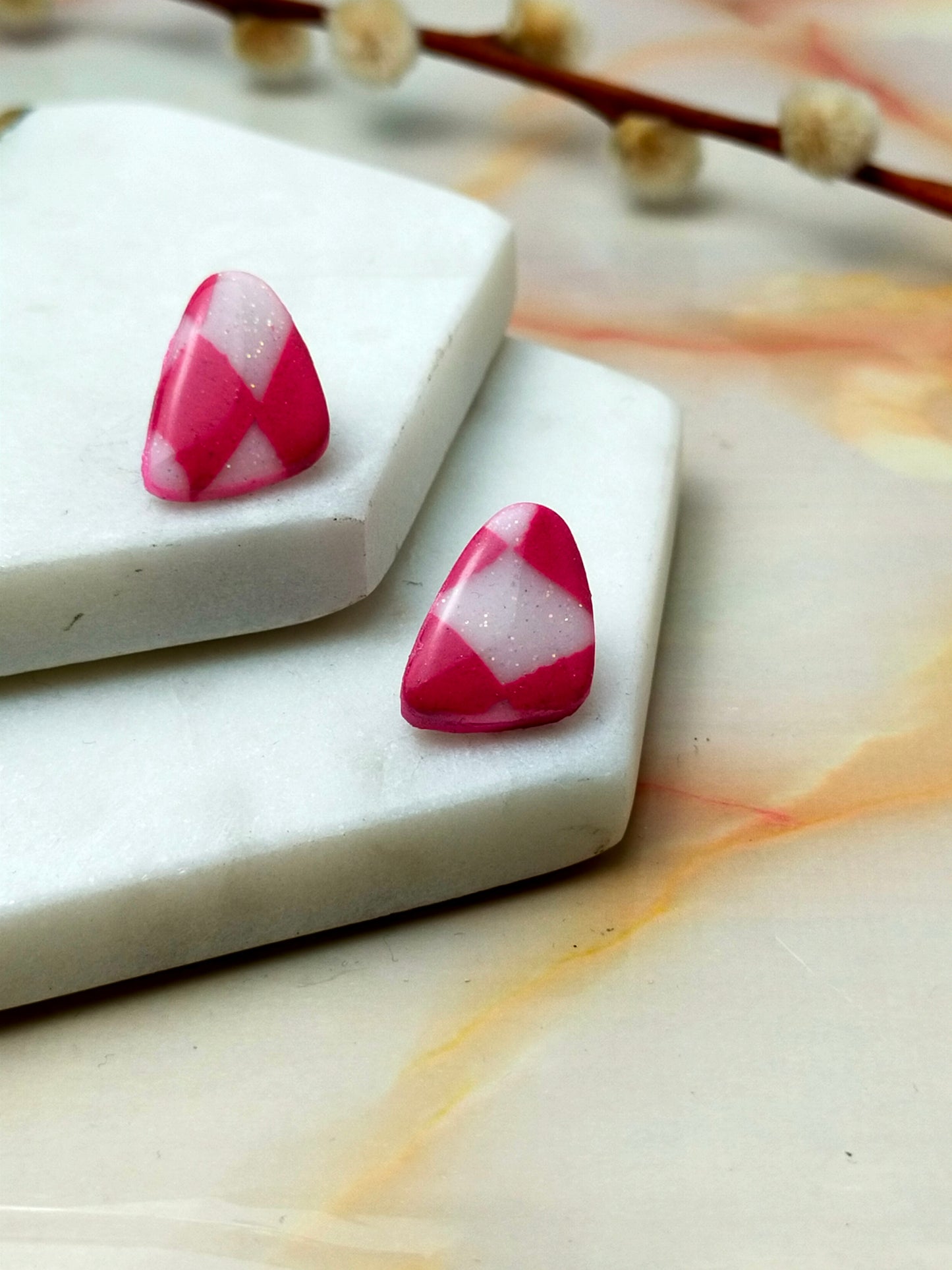 "Helena" Pink & White Checkerboard Abstract Stud Earrings
