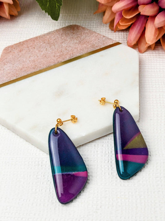 Polymer Clay Dangle Earrings in an Abstract Design with gold plated ball stud.