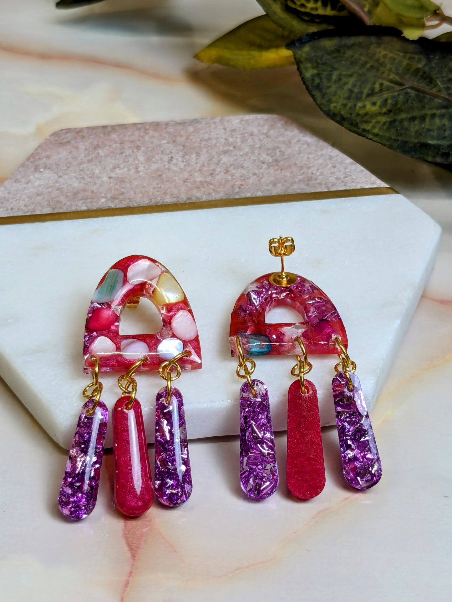 "Jagger" Real Stones and Pink Foil Resin Dangle Earrings