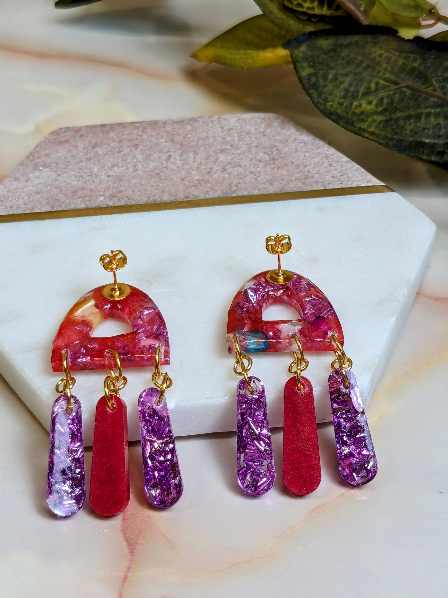 "Jagger" Real Stones and Pink Foil Resin Dangle Earrings