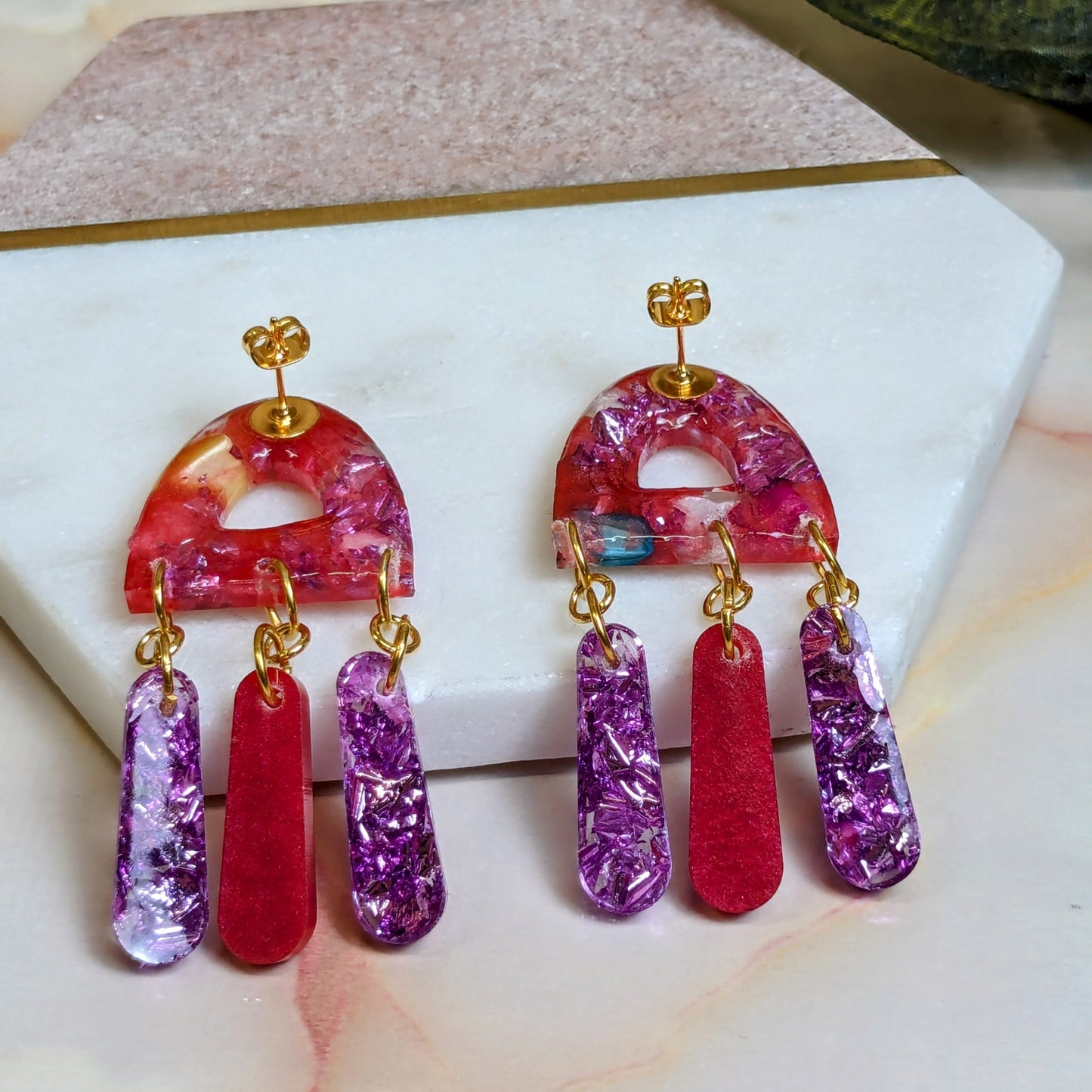 Real Stone & Pink Foil Resin Dangle Earrings (Jagger) | Created By Lau