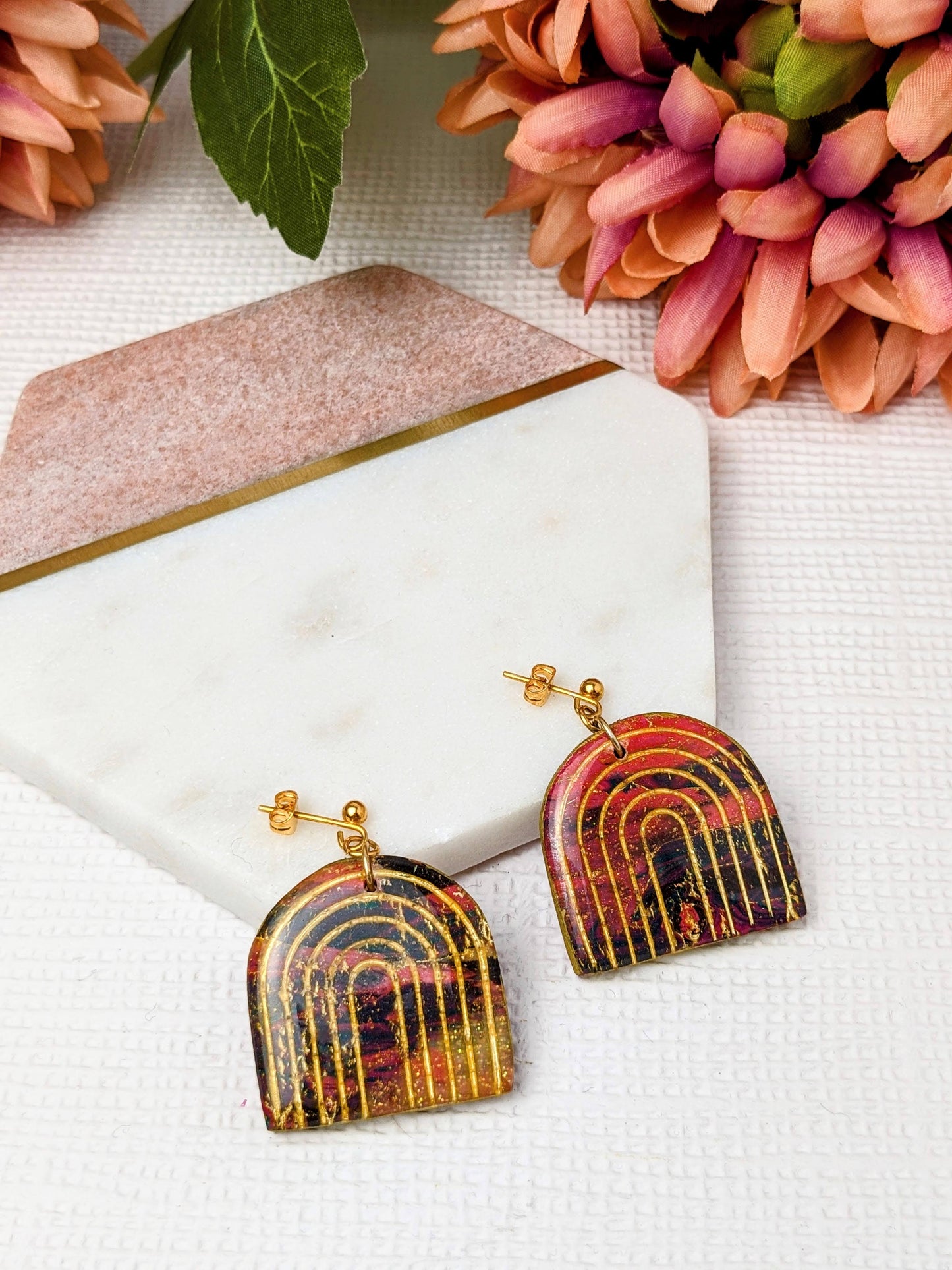 "Jayla" Pink Blue Marble Mix Detailed Arch Polymer Clay Dangle Earrings