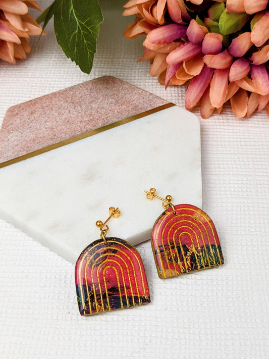 "Jayla" Pink Blue Marble Mix Detailed Arch Polymer Clay Dangle Earrings