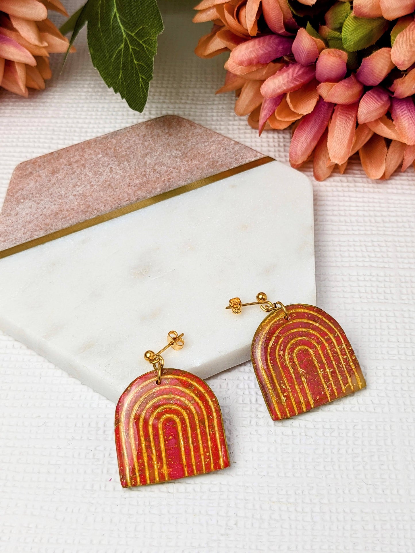 "Jayla" Pink Marble Detailed Arch Polymer Clay Dangle Earrings