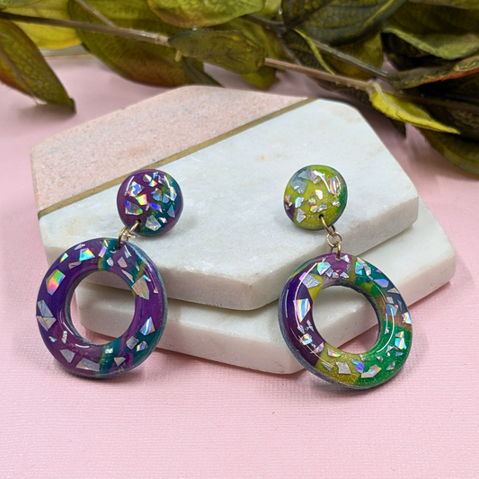 Polymer Clay Dangle Earrings Broken Disco Sparkle Effect