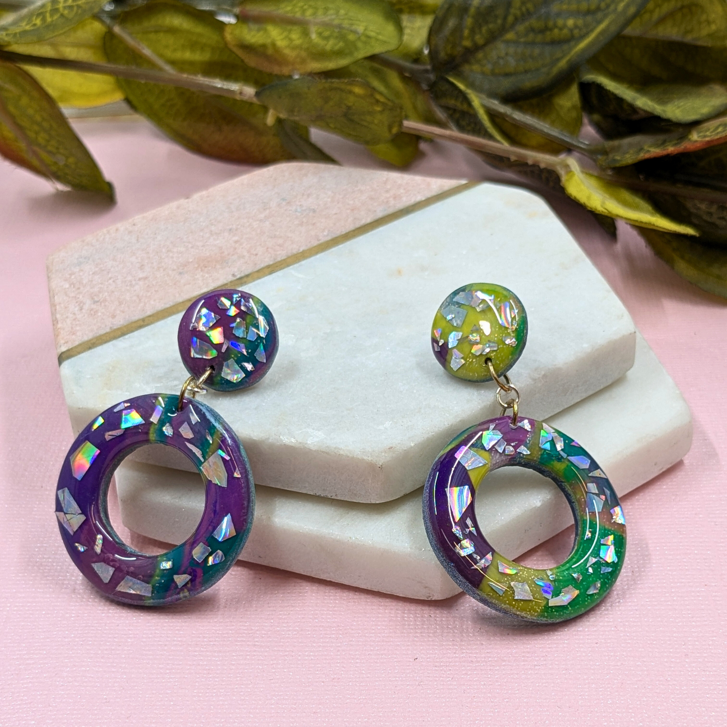 Polymer Clay Dangle Earrings Broken Disco Sparkle Effect