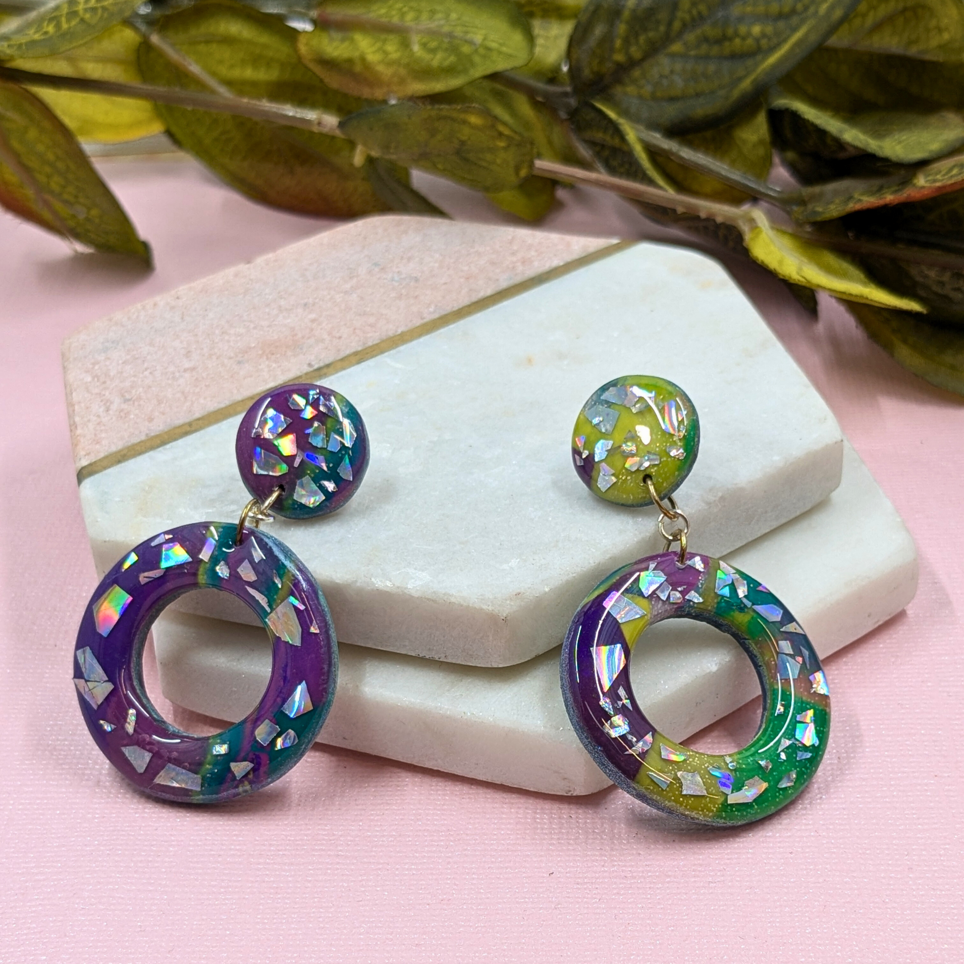 Polymer Clay Dangle Earrings Broken Disco Sparkle Effect