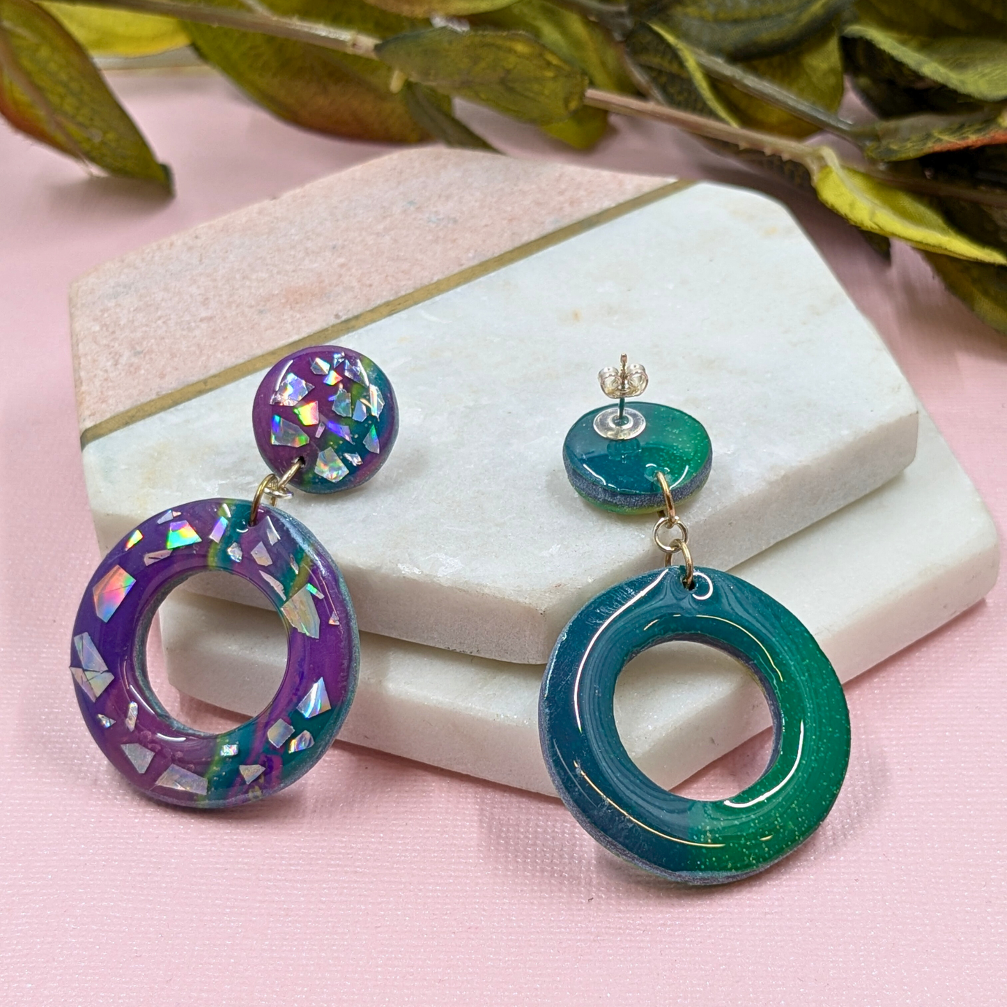 Polymer Clay Dangle Earrings Broken Disco Sparkle Effect