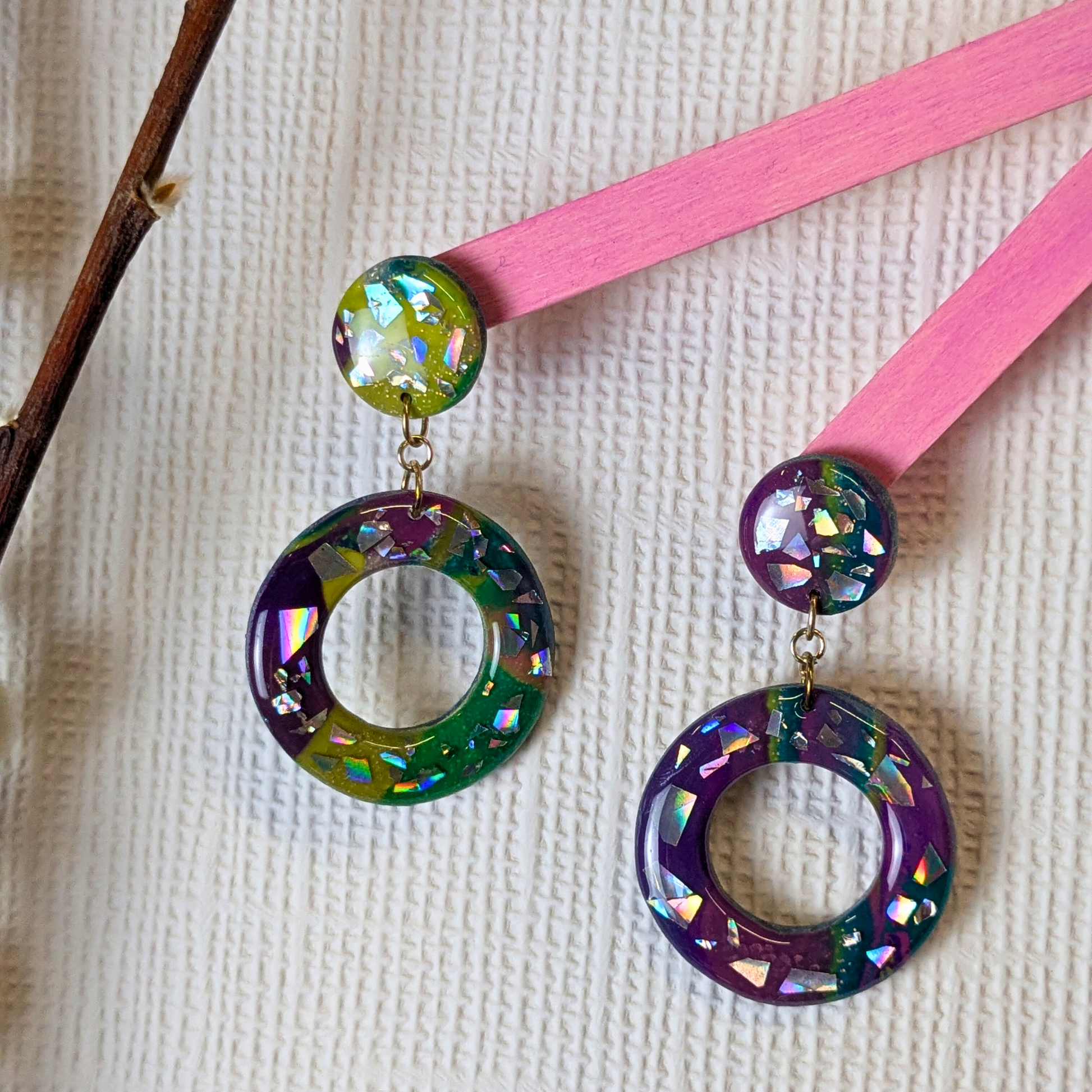 Polymer Clay Dangle Earrings Broken Disco Sparkle Effect