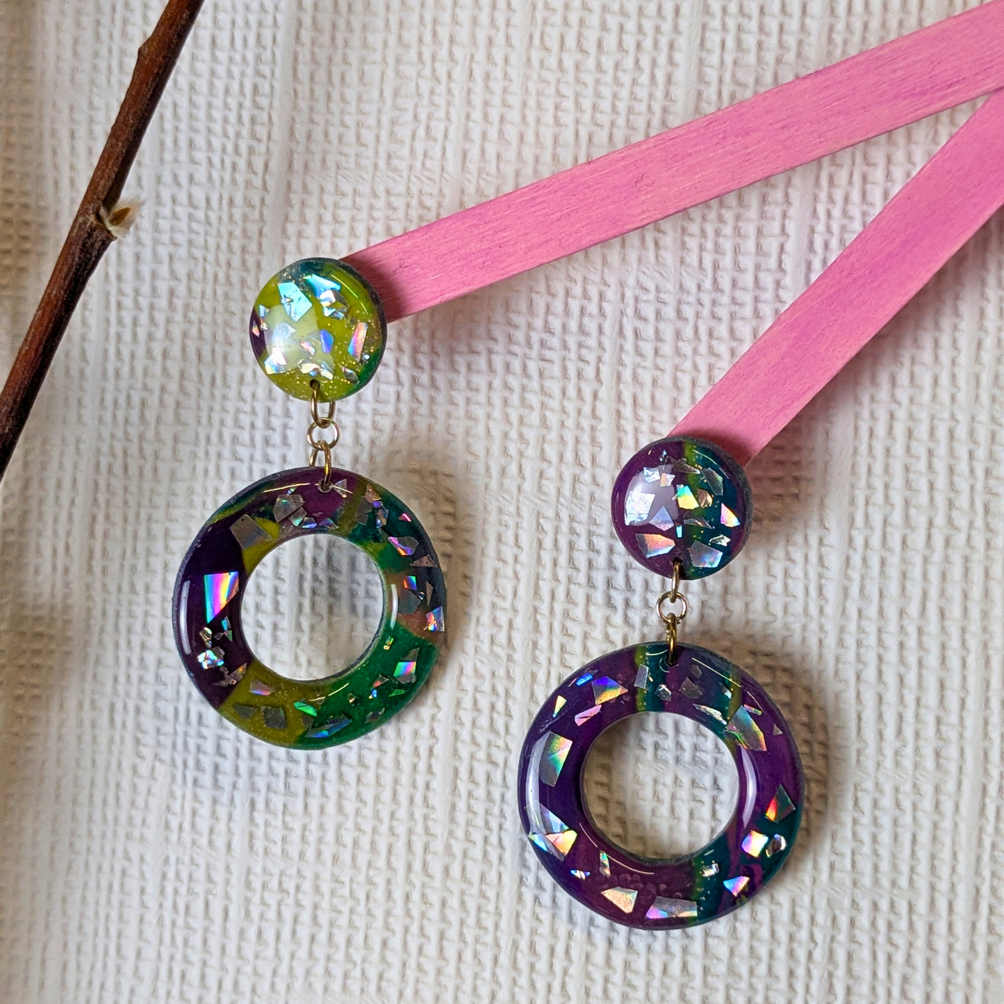Polymer Clay Dangle Earrings Broken Disco Sparkle Effect