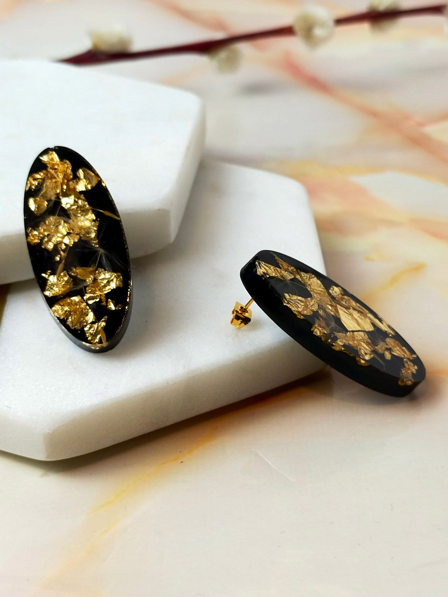 "Khloe" Dandelion Real Flowers with Gold leaf on Black Oval Studs