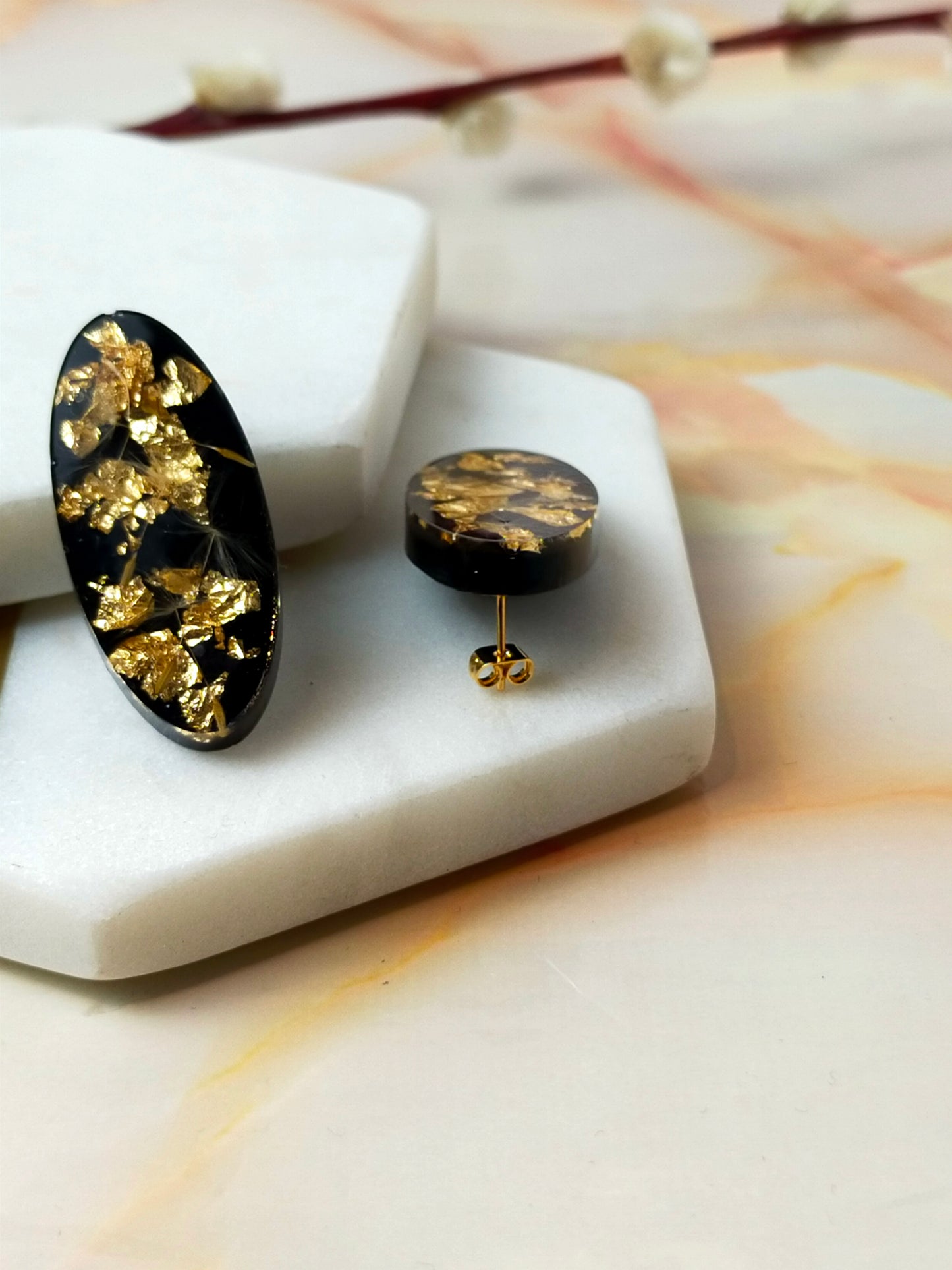 "Khloe" Dandelion Real Flowers with Gold leaf on Black Oval Studs
