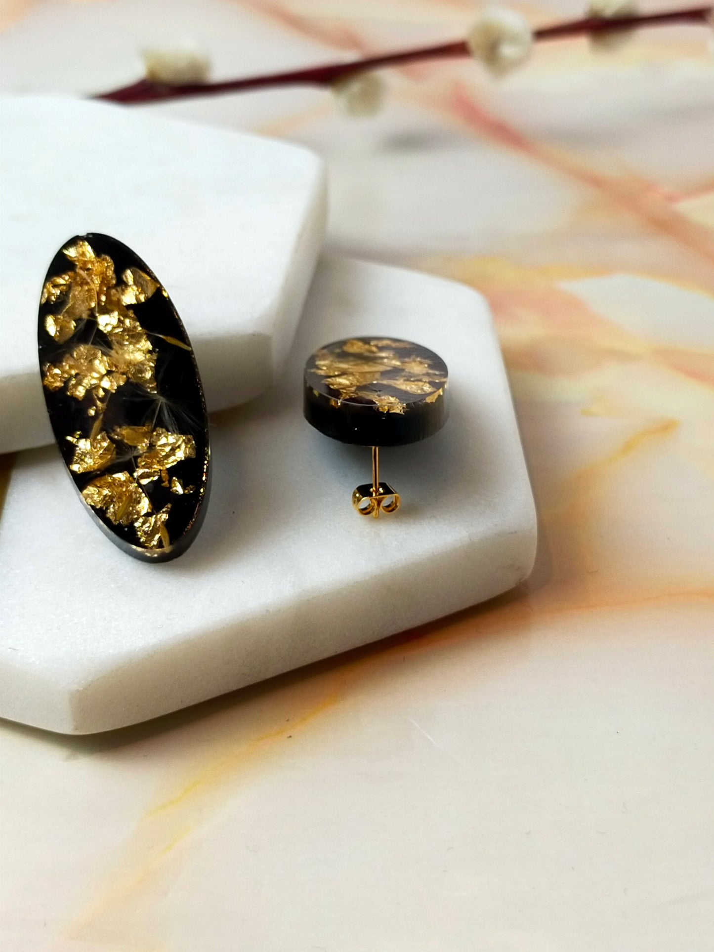 "Khloe" Dandelion Real Flowers with Gold leaf on Black Oval Studs