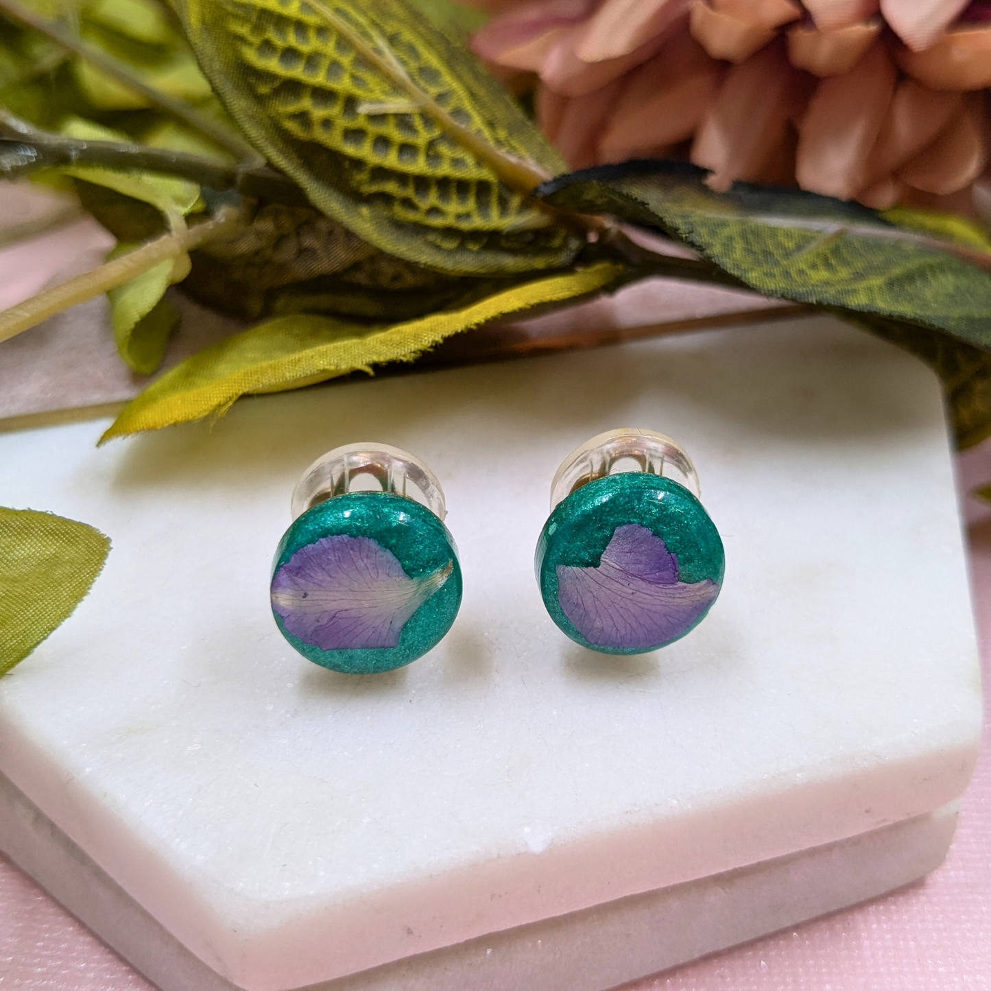 Kristen Real Flowers Purple Petal on Aqua Clip On Earrings | Unique Resin Jewellery by Created By Lau