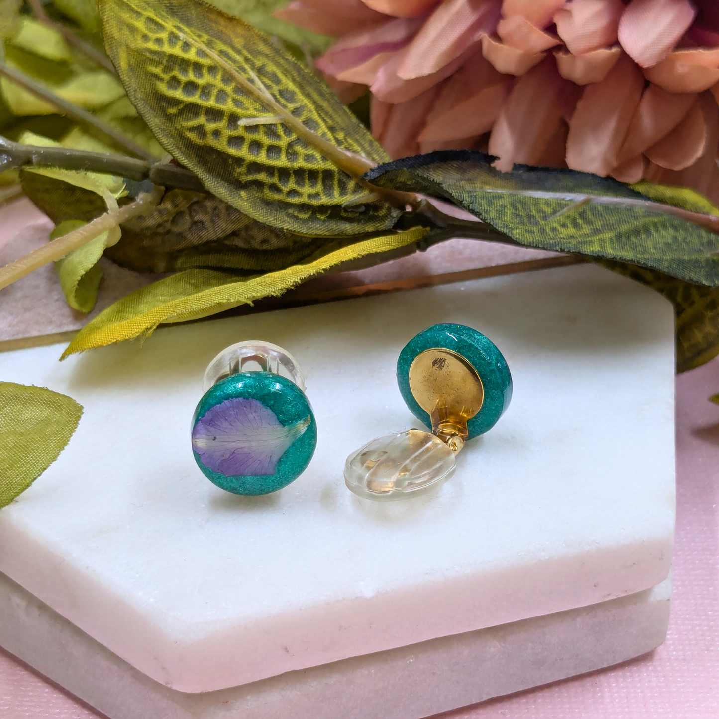 Kristen Real Flowers Purple Petal on Aqua Clip On Earrings | Unique Resin Jewellery by Created By Lau