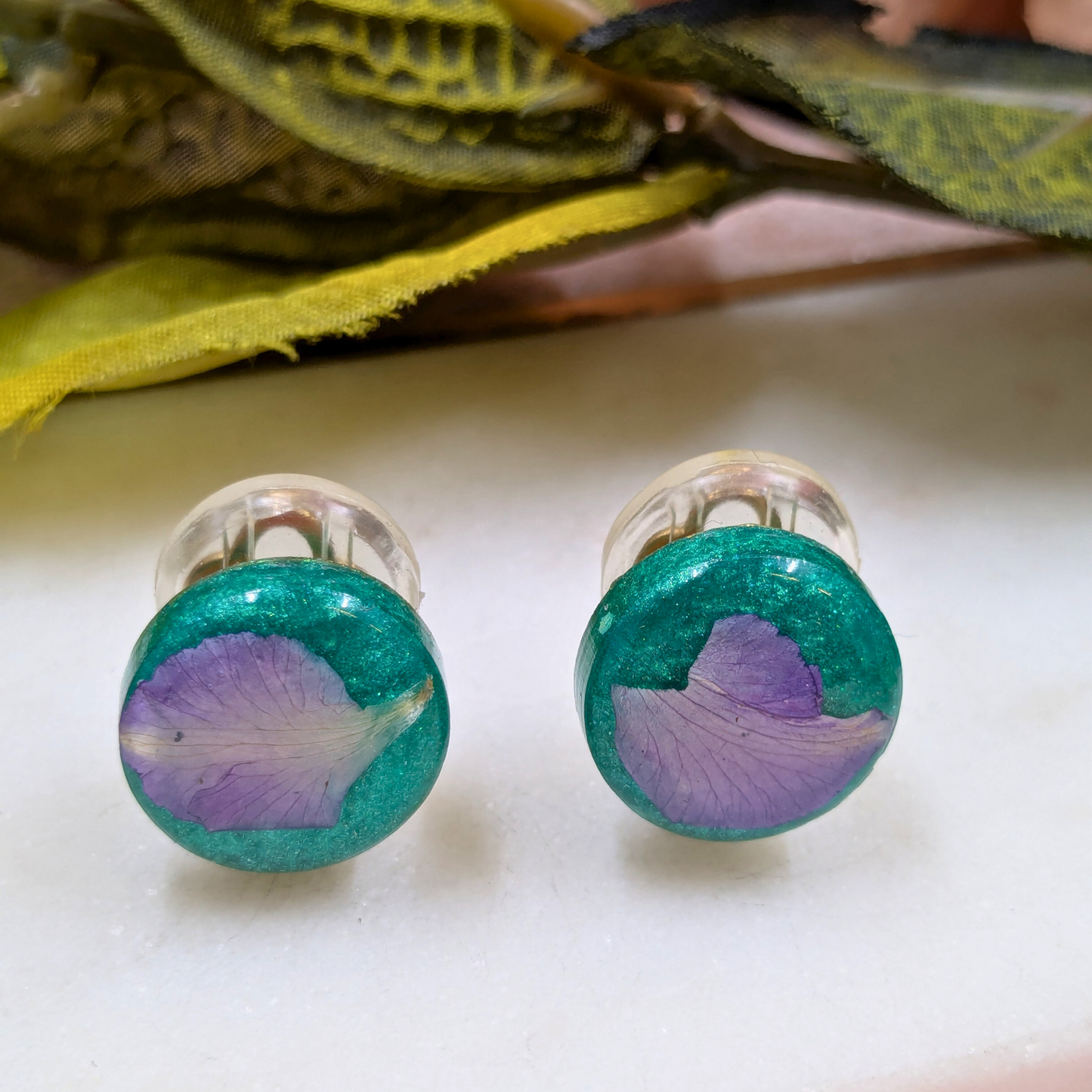 Kristen Real Flowers Purple Petal on Aqua Clip On Earrings | Unique Resin Jewellery by Created By Lau