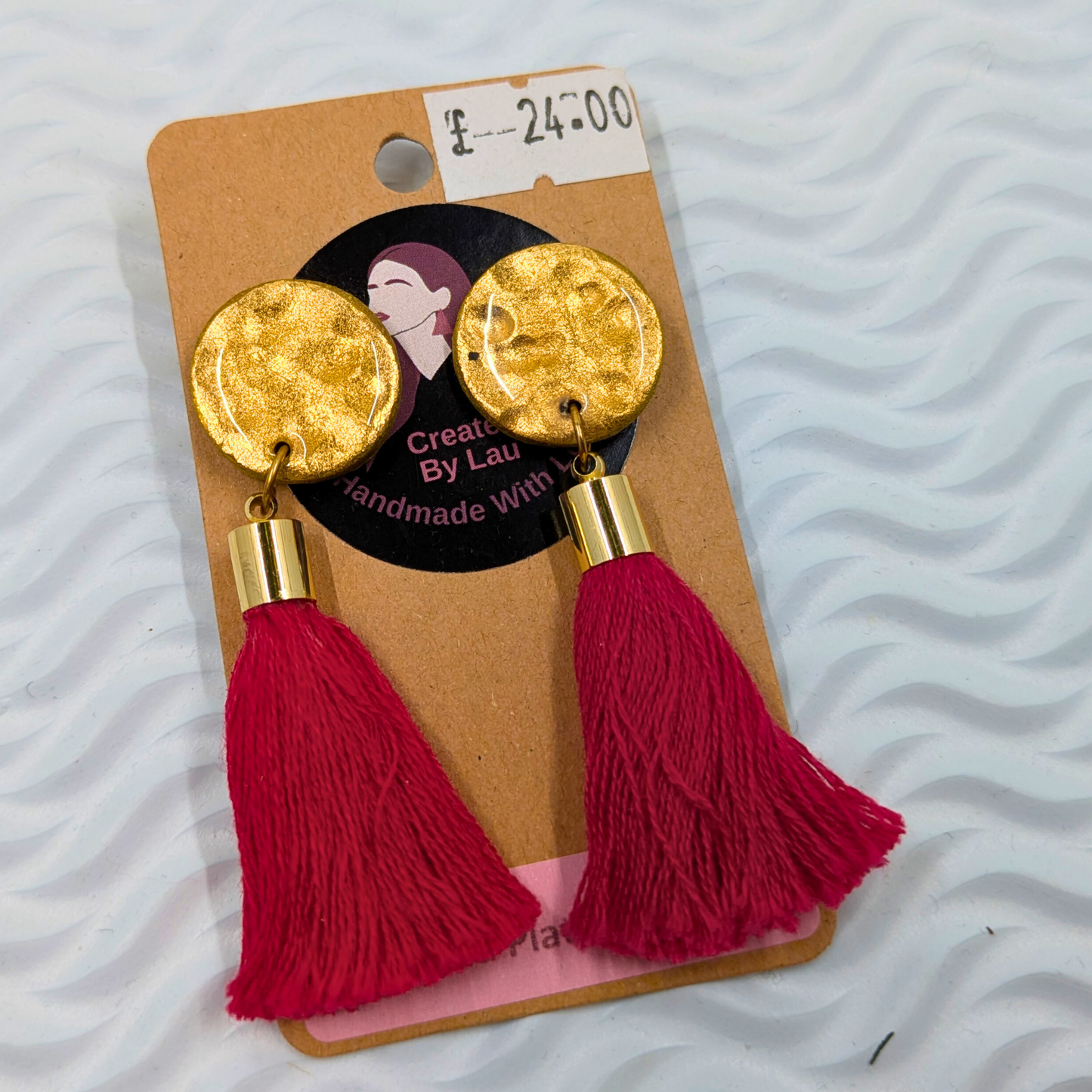 "Lainey" Faux Hammered Stud with barrelled Ruby Red Tassel