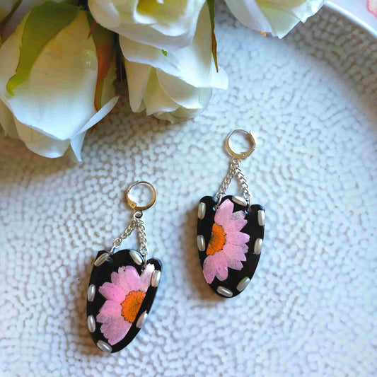 Dangle Earrings - Real Pink Flower and recycled Pearl beads in Resin