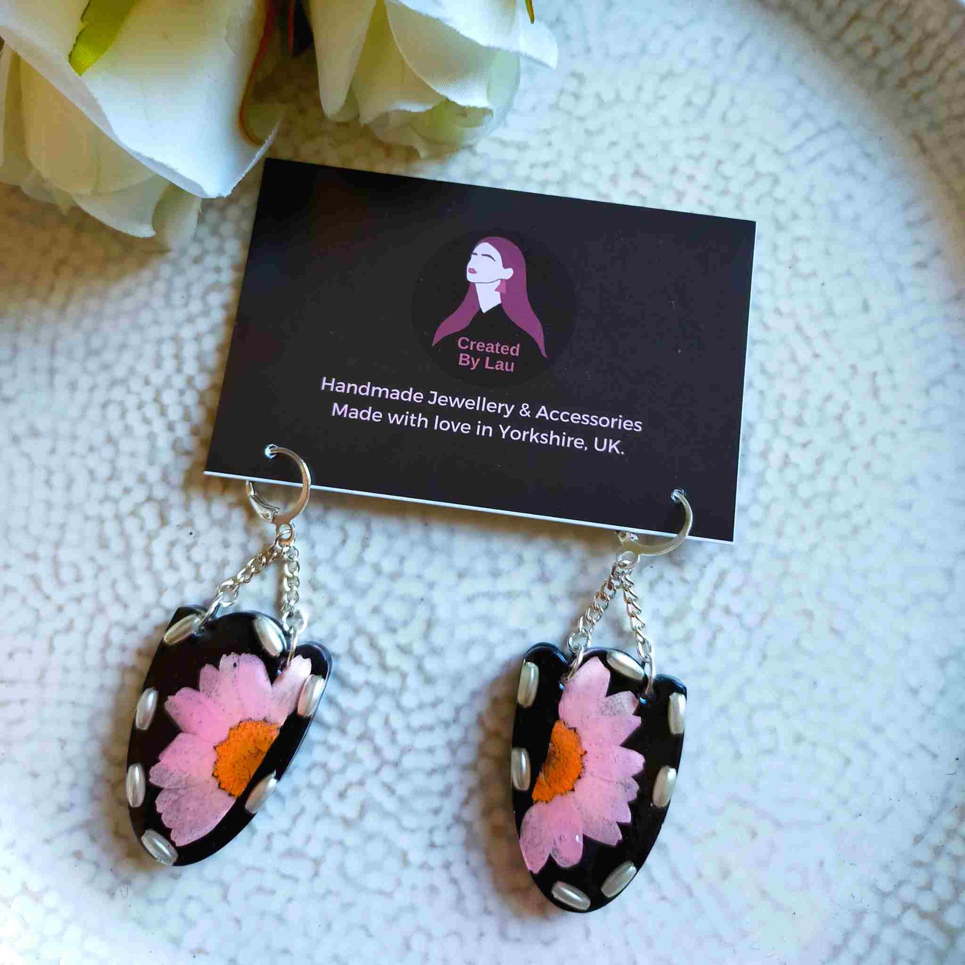 Dangle Earrings - Real Pink Flower and recycled Pearl beads in Resin