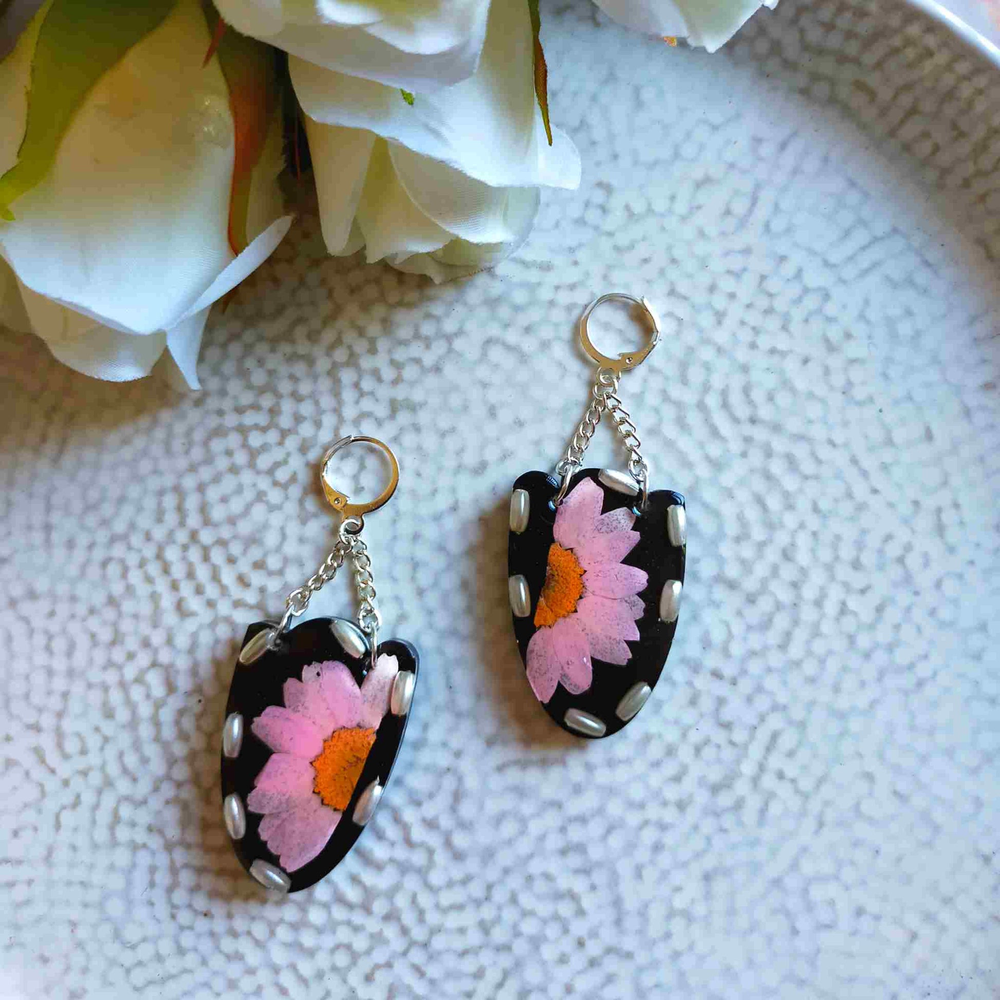 Dangle Earrings - Real Pink Flower and recycled Pearl beads in Resin