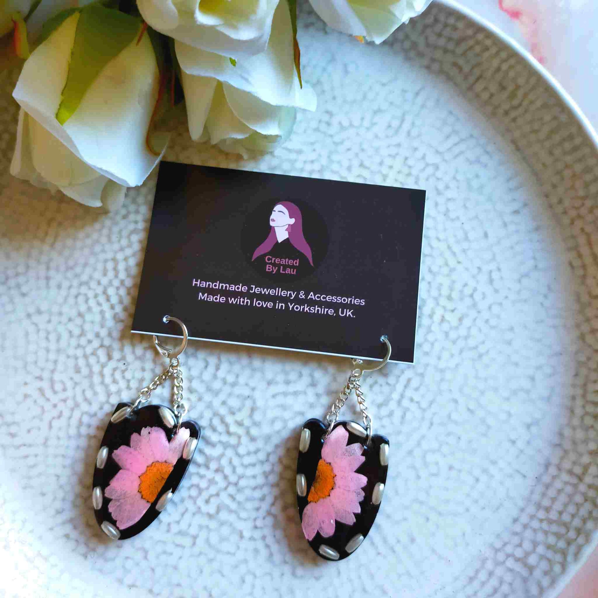 Dangle Earrings - Real Pink Flower and recycled Pearl beads in Resin