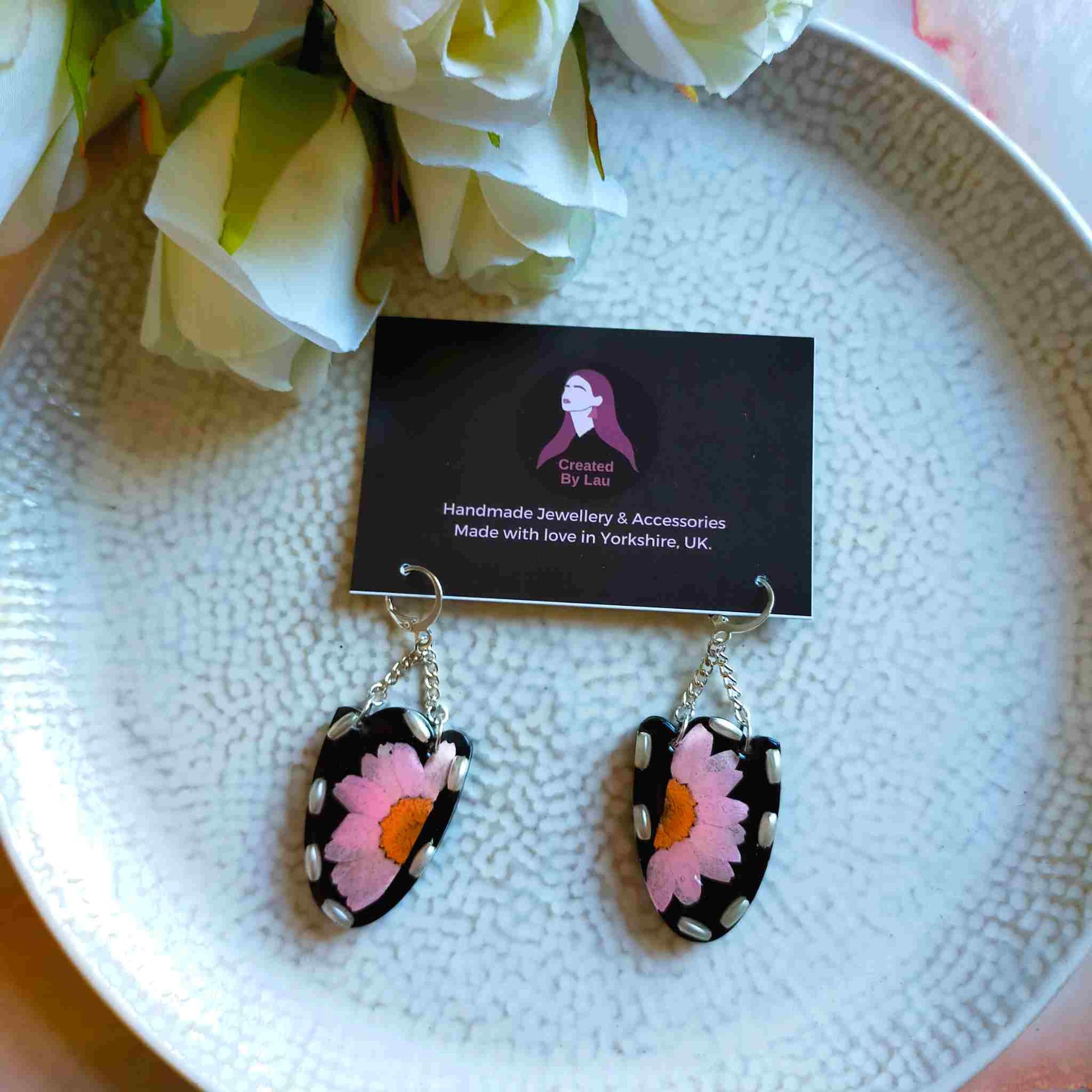 Dangle Earrings - Real Pink Flower and recycled Pearl beads in Resin