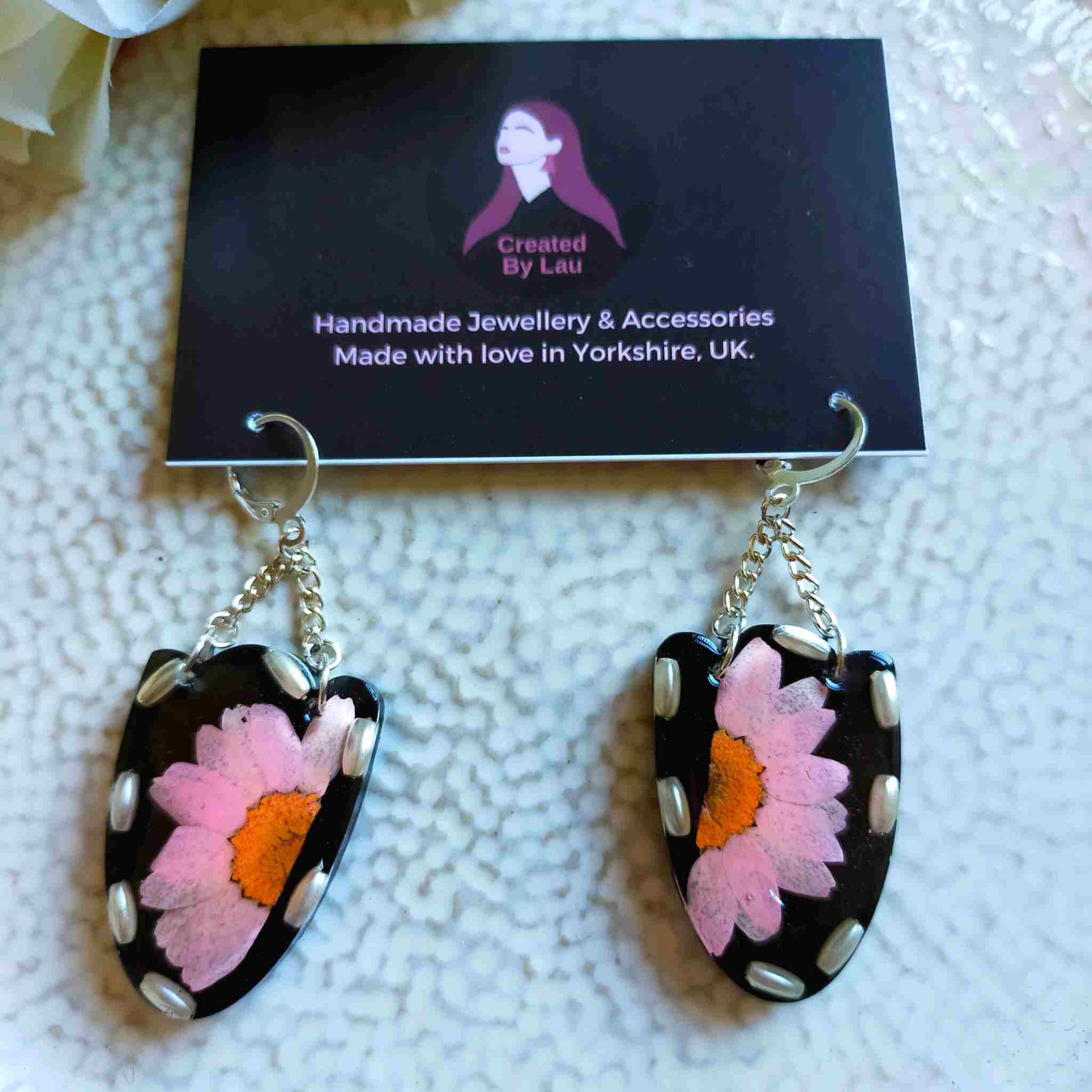 Dangle Earrings - Real Pink Flower and recycled Pearl beads in Resin