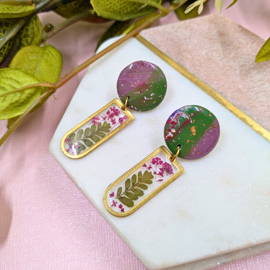 Lora Abstract Polymer Clay Earrings - Real Flower Brass Charm UK