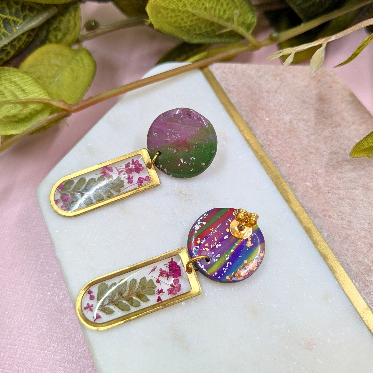 Lora Abstract Polymer Clay Earrings - Real Flower Brass Charm UK