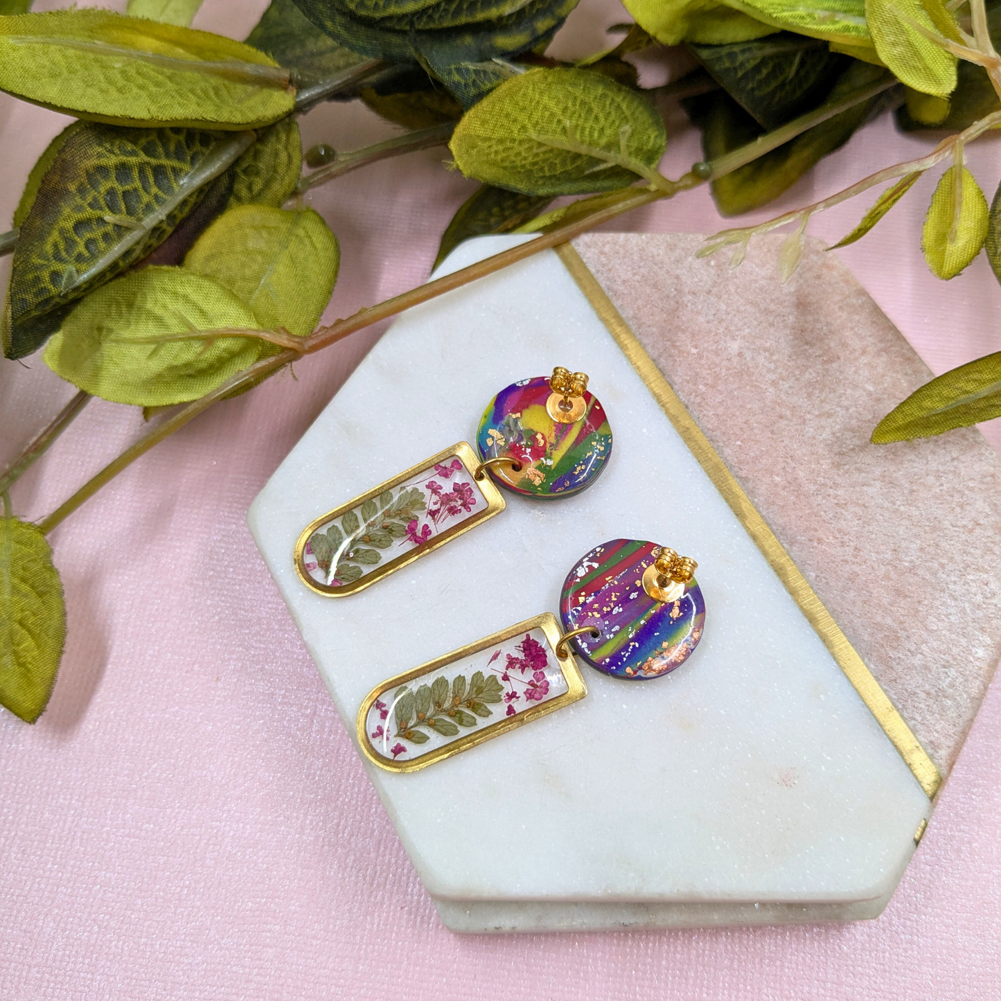 Lora Abstract Polymer Clay Earrings - Real Flower Brass Charm UK