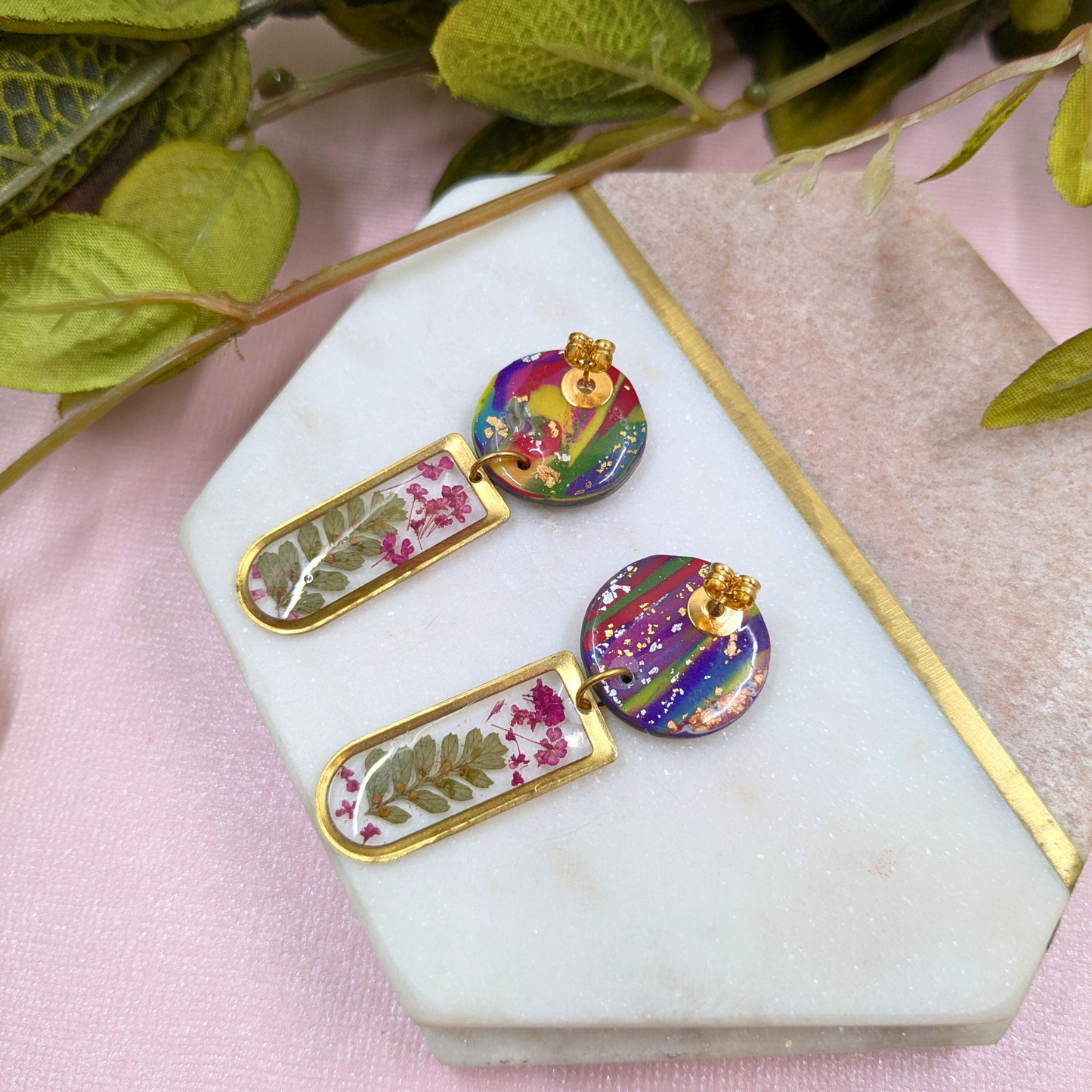 Lora Abstract Polymer Clay Earrings - Real Flower Brass Charm UK