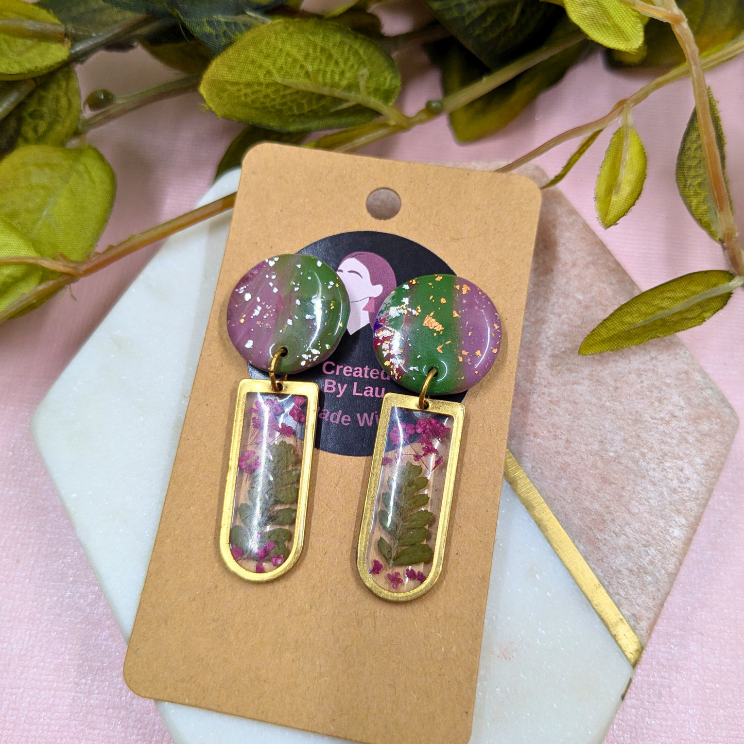 Lora Abstract Polymer Clay Earrings - Real Flower Brass Charm UK