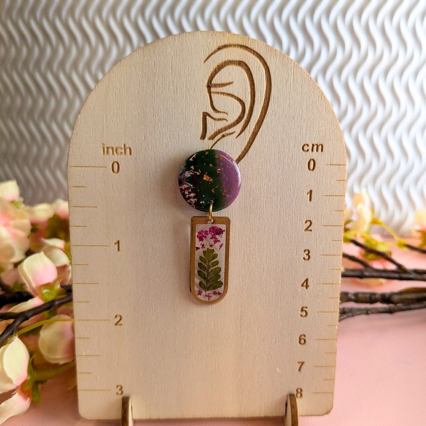 Lora Abstract Polymer Clay Earrings - Real Flower Brass Charm UK