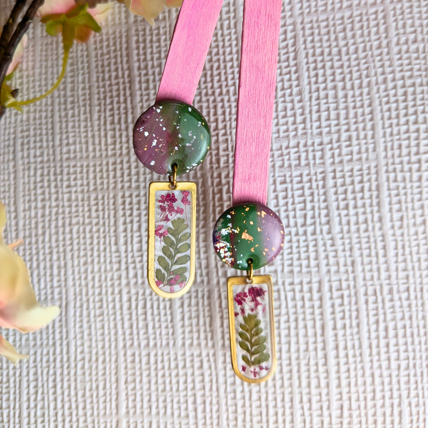 Lora Abstract Polymer Clay Earrings - Real Flower Brass Charm UK