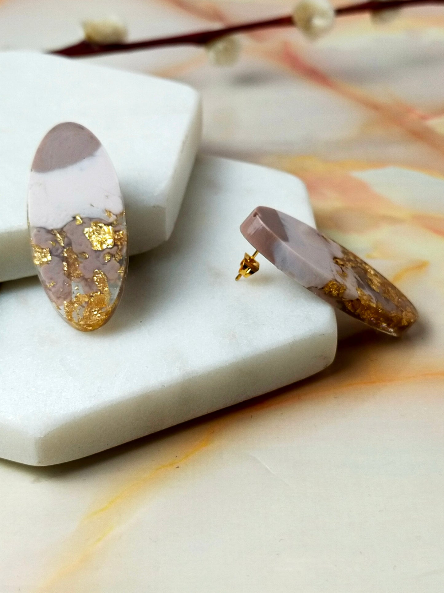 Resin Stud Earrings Oval Neutral coloured with Gold Leaf