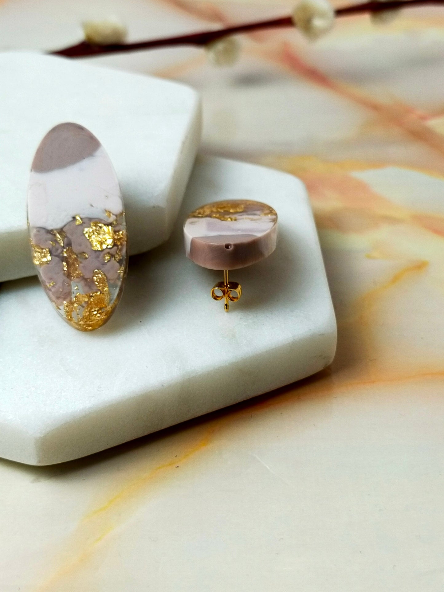Resin Stud Earrings Oval Neutral coloured with Gold Leaf