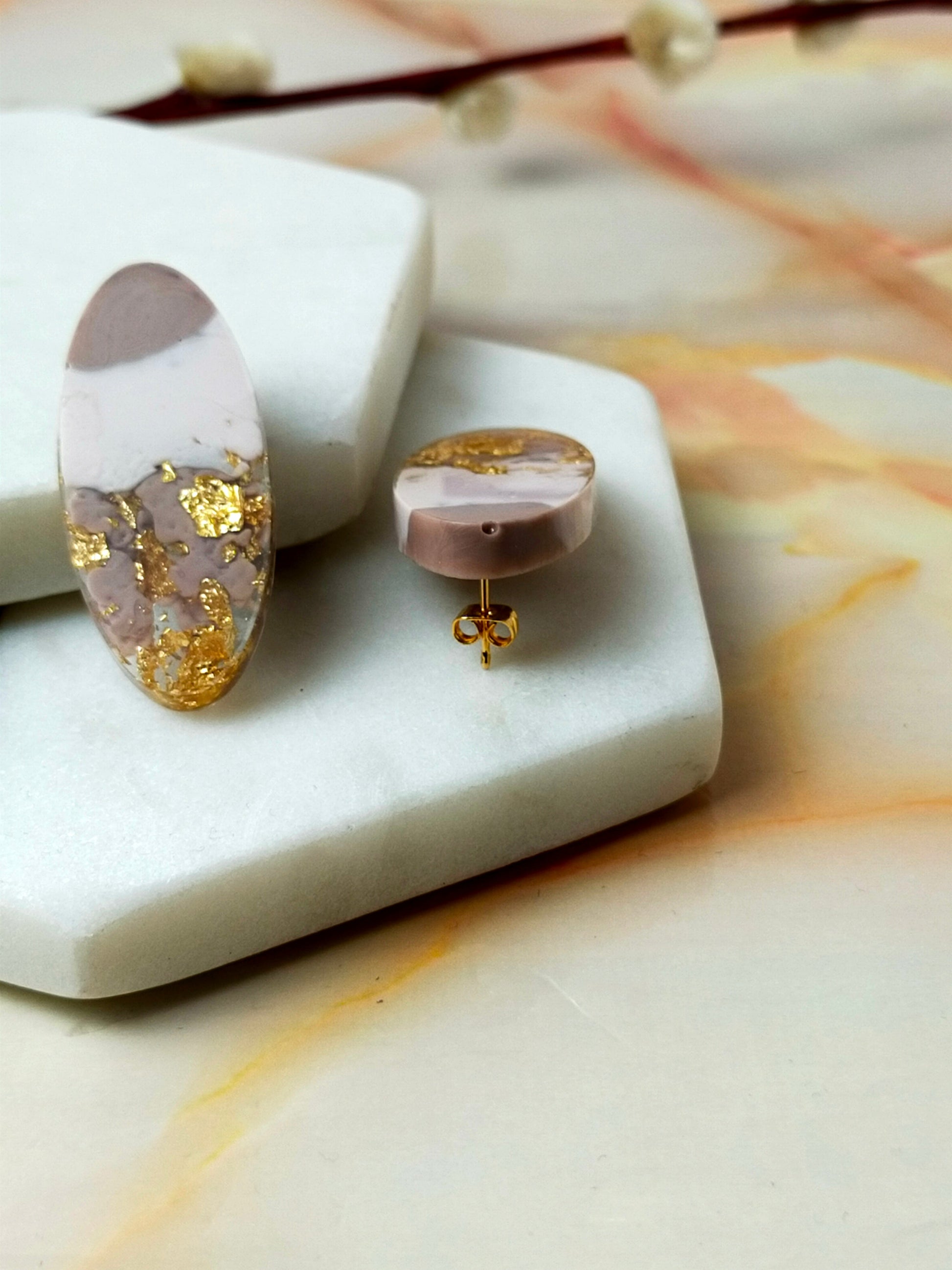 Resin Stud Earrings Oval Neutral coloured with Gold Leaf